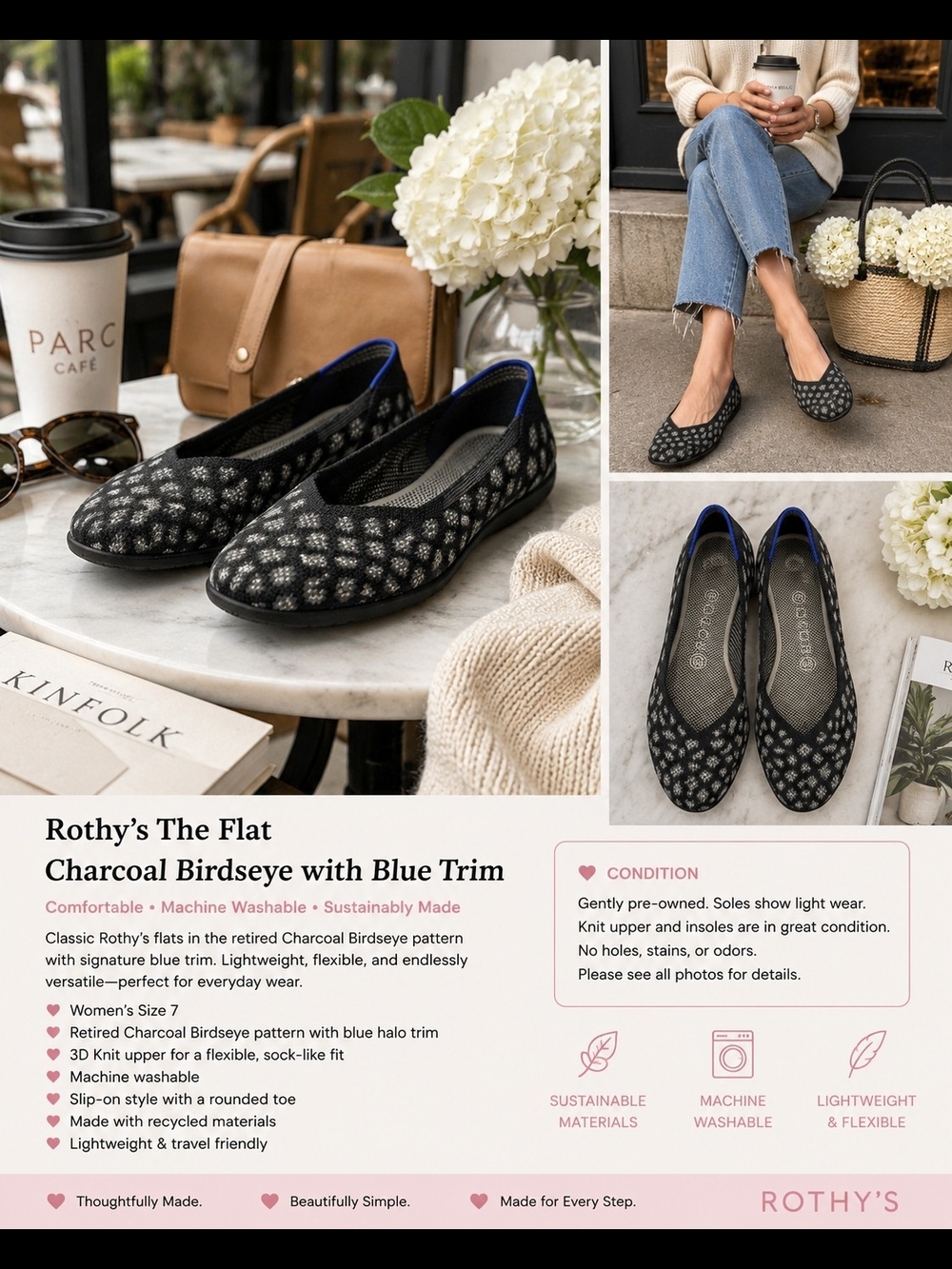 Rothy's The Flat Charcoal Gray Birdseye Knit Flats | Blue Trim | Women's Size 7